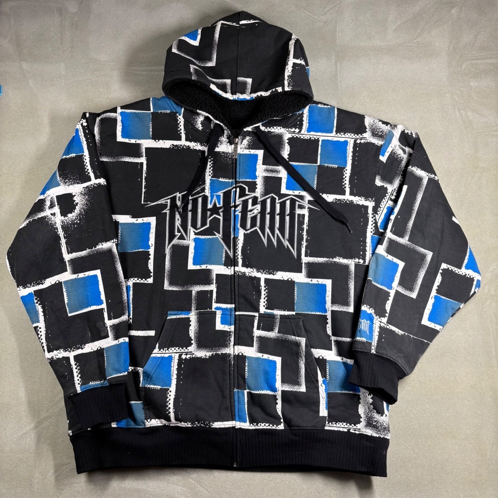 No Fear Mens XXL Sherpa Lined Full Zip Hoodie Geometric Square Print Blue Black